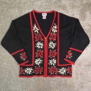PBJ Sport Large Poinsettia Christmas Holiday Sweater Black Red V Neck Front Zip